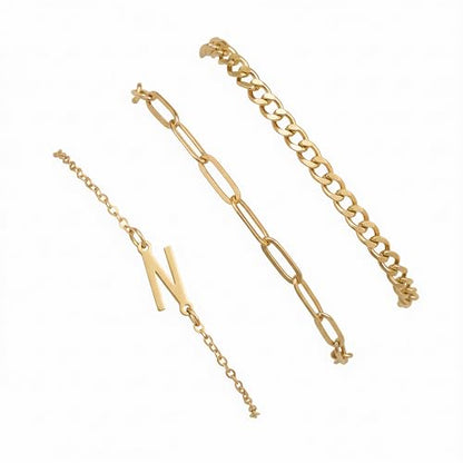 3PCS Gold Bracelet Set for Women, 14K Gold Plated Initial Letter Jewelry, Layered Paperclip and Cuban Chain Stack, Adjustable Stainless Steel Gift - style: Initial-N