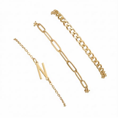 3PCS Gold Bracelet Set for Women, 14K Gold Plated Initial Letter Jewelry, Layered Paperclip and Cuban Chain Stack, Adjustable Stainless Steel Gift - style: Initial-N