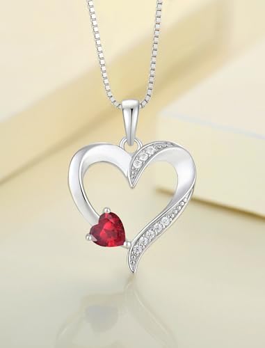 YL Heart Necklace 925 Sterling Silver Love Heart Pendant Birthstone Jewelry for Women - color: 07-ruby-Jul