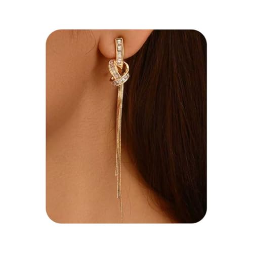 Dangle Earrings for Women, Sparkly Rhinestone Long Tassel Chain Earrings | 18K Gold or 18K White Gold Plated, 925 Sterling Silver Posts, Cubic Zirconia, Hypoallergenic, Tarnish Resistant, Lightweight - color: Gold