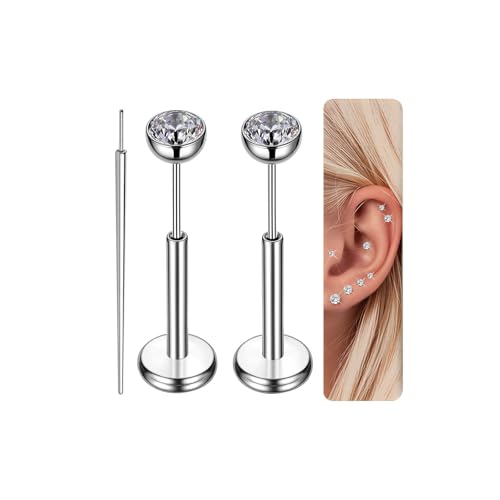 Gotumo 16G 18G 20G Flat Back Earrings Stud Titanium Threadless Nose Rings Tragus Labret Cartilage Lip Medusa Conch Body Piercing Jewelry Hypoallergenic for Women Men - color: Silver, size: 16G Bar Lengths 7mm & CZ 3mm