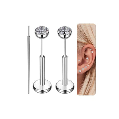 Gotumo 16G 18G 20G Flat Back Earrings Stud Titanium Threadless Nose Rings Tragus Labret Cartilage Lip Medusa Conch Body Piercing Jewelry Hypoallergenic for Women Men - color: Silver, size: 16G Bar Lengths 7mm & CZ 3mm