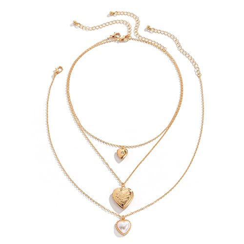 KnBoB 3 Layered Necklaces for Women, Layered Choker Necklaces for Women Adjustable Gold Plated Rolo Chain Necklace with Heart Pendant - color: Gold