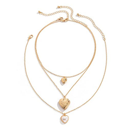 KnBoB 3 Layered Necklaces for Women, Layered Choker Necklaces for Women Adjustable Gold Plated Rolo Chain Necklace with Heart Pendant - color: Gold