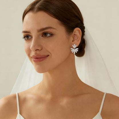 Gemsme Bridal Wedding Earrings for Brides Bridesmaides, 925 Sterling Silver Posts hypoallergenic Cubic Zirconia stud,Drop & Dangle Earrings for Women Jewelry Gifts - color: White - Flower Shape