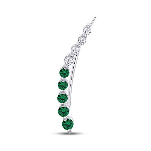 One Piece Right Ear Climber Earring for Women With Birthstone And White CZ | Floating Curved Bar Ear Crawler In 14K Gold Over Sterling Silver Jewelry for Her - color: Simulated Emerald