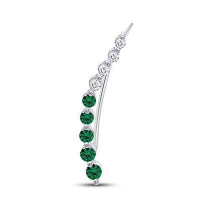 One Piece Right Ear Climber Earring for Women With Birthstone And White CZ | Floating Curved Bar Ear Crawler In 14K Gold Over Sterling Silver Jewelry for Her - color: Simulated Emerald