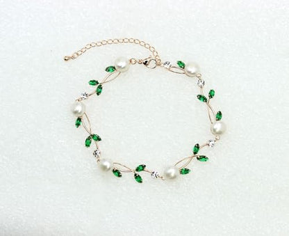 Faship Genuine Freshwater Pearls Floral Necklace Earrings Set | Premium CZ Crystal, Gorgeous, Sparkling - color: Green / Rose gold plated / Matching Bracelet