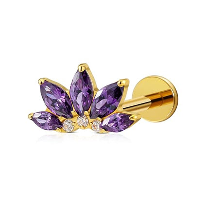 FINE4U 1PC ASTM F136 Titanium 16G Flatback Stud for Tragus, Helix, Conch 6mm 8mm - Screw on Cartilage Earring Piercing Jewelry - color: Flower CZ - Amethyst - Gold