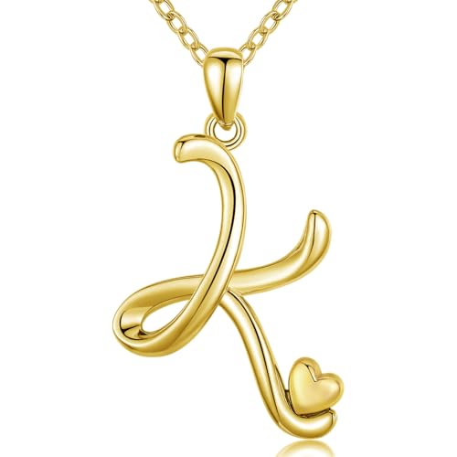 CELESTIA 925 Sterling Silver Initial Necklaces 26 Letter with Rose Gold Heart - 18 Inch Chain - color: Gold-K