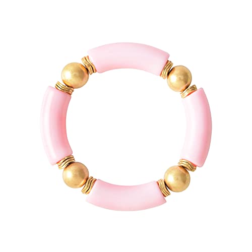 LALAPPLE Gold Plated Beaded Acrylic Bamboo Tube Bangle Bracelets for Women, Colorful Chunky Curved Tube With Gold Plated Pieces Beads Stretch Bracelet Friendship Summer Beach Jewelry - color: L-Pink