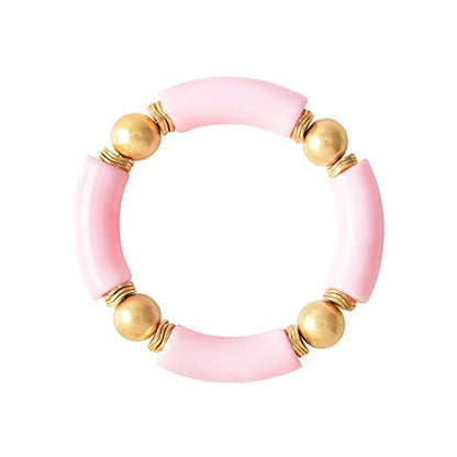 LALAPPLE Gold Plated Beaded Acrylic Bamboo Tube Bangle Bracelets for Women, Colorful Chunky Curved Tube With Gold Plated Pieces Beads Stretch Bracelet Friendship Summer Beach Jewelry - color: L-Pink