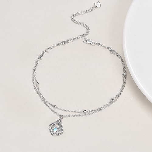 POPLYKE 925 Sterling Silver Double Layered Chain Evil Eye Daisy Sunflower Butterfly Anklets for Women Holiday Beach Crystal Ankle Bracelet Dainty Evil Eye Jewelry - style: Lotus Moonstone Anklet