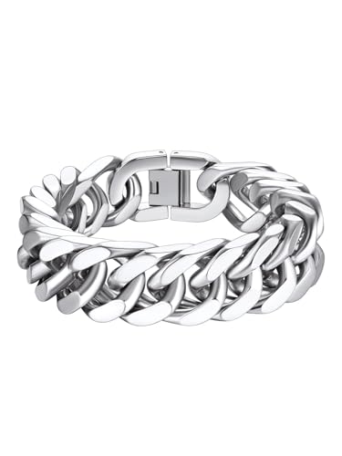 Richsteel Mens Cuban Link Bracelets, Silver/Black/14K Gold Plated Stainless Steel Bracelet for Men 8/12/17mm Width, 7.4/8.2/9 Inch Length Chain Wrist Bracelets With Gifts Box - style: 07-Steel 17mm Width