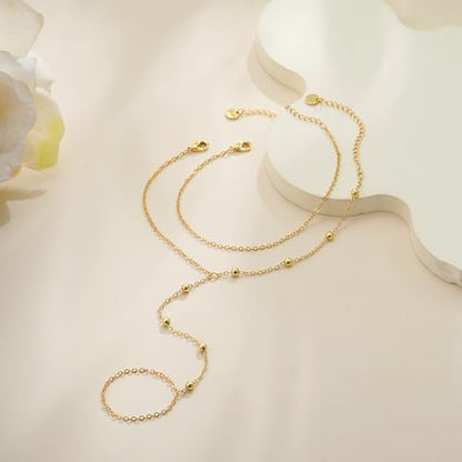 Hand Chain Bracelets for Women - 14K Real Gold Plated Dainty Stackable Paperclip Link Bracelets Hand Chain Bracelet Ring Gold Bracelets for Women Trendy - color: 4 Bead Hand Chain