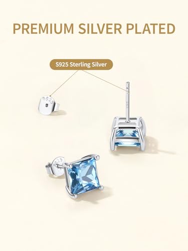 FindChic 2 Carat Birthstone Stud Earrings for Women, Round/Heart/Princess Cut Stud Earrings, Hypoallergenic Studs with 925 Sterling Silver Posts, 12 Months Birthday Jewelry Gift - color: 03. March-Aquamarine(Princess Cut)