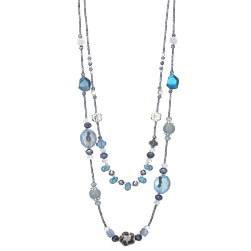 FULU AUTUMN Long Layered Beaded Necklaces for Women Statement Double Bead Strand Ceramic Flower Boho Jewelry Gifts for Mom - color: Navy Blue