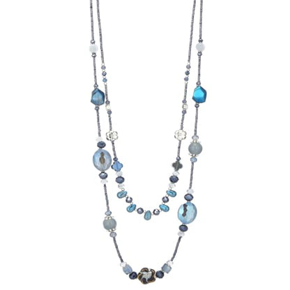 FULU AUTUMN Long Layered Beaded Necklaces for Women Statement Double Bead Strand Ceramic Flower Boho Jewelry Gifts for Mom - color: Navy Blue