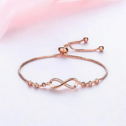 Nilu's Collection Infinity Shape Cubic Zirconia Diamond Bracelet for Women, Jewelry for Gift, Adjustable Charm Bracelet (Rose Gold Necklace + Bracelet) - color: Rose Gold