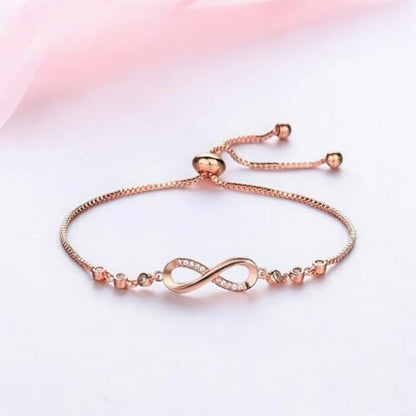 Nilu's Collection Infinity Shape Cubic Zirconia Diamond Bracelet for Women, Jewelry for Gift, Adjustable Charm Bracelet (Rose Gold Necklace + Bracelet) - color: Rose Gold