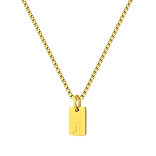 Gold Plated Square Initial Necklace Waterproof A-Z Letter Pendant on Thin Chain - Dainty, Stackable Jewelry for Women - color: Golden-J, size: F