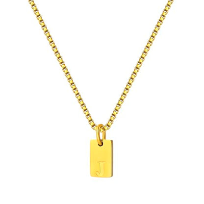 Gold Plated Square Initial Necklace Waterproof A-Z Letter Pendant on Thin Chain - Dainty, Stackable Jewelry for Women - color: Golden-J, size: F