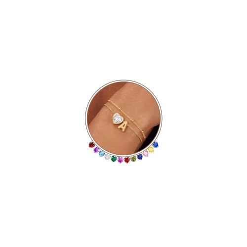 14K Gold Plated Heart Initial Birthstone Gold Bracelets for Women | Dainty Heart Letter A-Z Charm Layered Bracelets Birthday Trendy Jewelry Gifts for Women - color: A