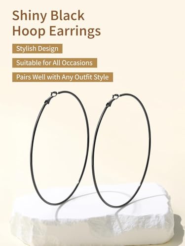 FindChic Thin Hoop Earrings for Women,Silver/Black/Gold Plated 20-100mm - color: Black, size: 100mm