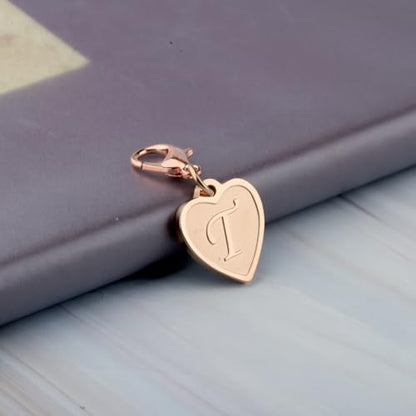 FAADBUK Initial Letter A-Z Alphabet Heart Charms for Jewelry Bracelet Keychain Necklace Initial Stainless steel Clasp Clip on Charm - color: intial T RG