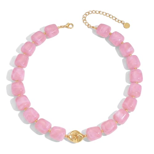 Beaded Necklaces for Women Boho Chunky Necklace Statement Big Resin Bead Choker Fashion Summer Beach Jewelry - color: Pink