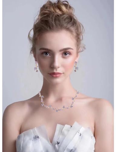 Brides Bridesmaid Flower Leaf Choker Necklace Dangle Earrings Link Bracelet Austrian Crystal Wedding Jewelry Set for Prom Costume Party Accessories for Woman - color: Violet-Gold Plated