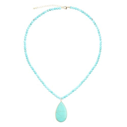 BaubleStar Teardrop Natural Crystal Healing Stone Pendant Necklace | Birthstone Quartz Necklace for Women, Multi-Color Available - color: Turquoise/Beaded Chain