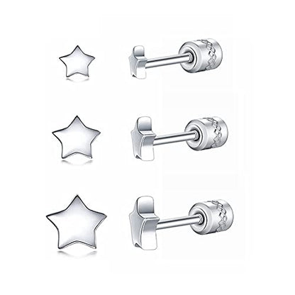 Screw on Earring Backs for Women,Hypoallergenic Surgical Steel Stud Earrings Ball Star Circle Simple Geometric Cartilage Helix Flat Back Piercing Earrings - color: 3pairs,Silver,Star(3-5mm)