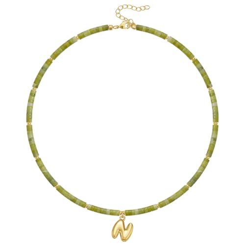 KELORIS PATH Beaded Initial Necklace for Women, 14K Gilded Plated Bubble Letter Pendant Natural Handmade Stone Choker Boho Colorful Summer Beach Jewelry Gift - color: Green Aventurine, style: Letter N