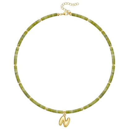 KELORIS PATH Beaded Initial Necklace for Women, 14K Gilded Plated Bubble Letter Pendant Natural Handmade Stone Choker Boho Colorful Summer Beach Jewelry Gift - color: Green Aventurine, style: Letter N