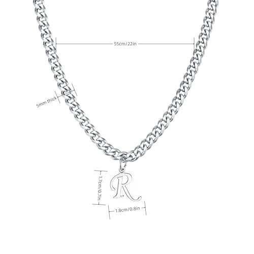 Stainless Steel Initial A-Z Necklace for Men Women,Cuban Chain,Titanium Steel Initial Letter Pendant Charm Necklaces Accessories Jewelry for Woman Man,21 Inch Chain - color: R