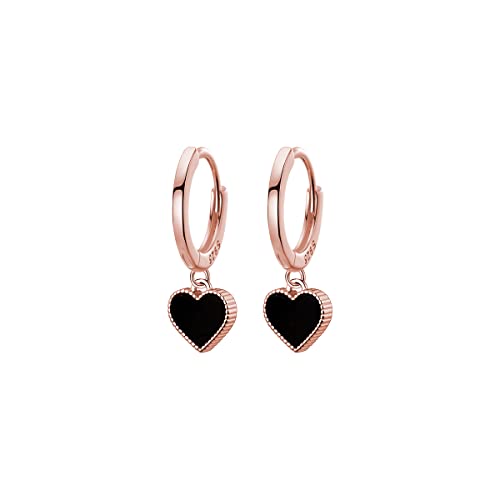 SLUYNZ Solid 925 Sterling Silver Black Heart Hoop Earrings for Women Teens Love Heart Hoop Earrings Huggie - color: C-Rose Gold Plated