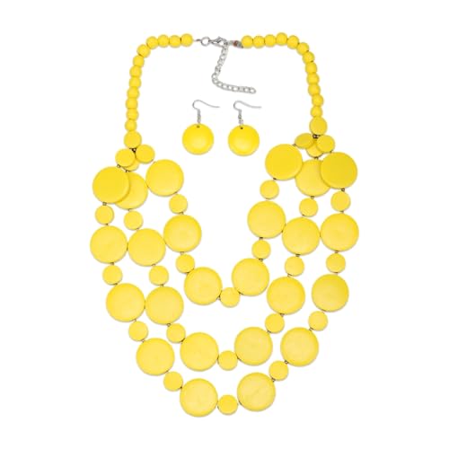 Colorful Wood Bead Necklace Earrings Set for Women Boho Jewelry | Multi Layers Statement Big Vintage Bib Female Chunky African Ethnic Pendant Rainbow Long Tribal Jewelry - color: NXR1447-yellow