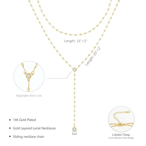 Luxval Lariat Gold Necklace for Women, Dainty Long Necklace 14k Gold Plated/Silver Y-Shaped Pendant Necklaces Trendy Beaded Chain Drop Necklaces Jewelry for Women Gifts - color: Gold-wave cz