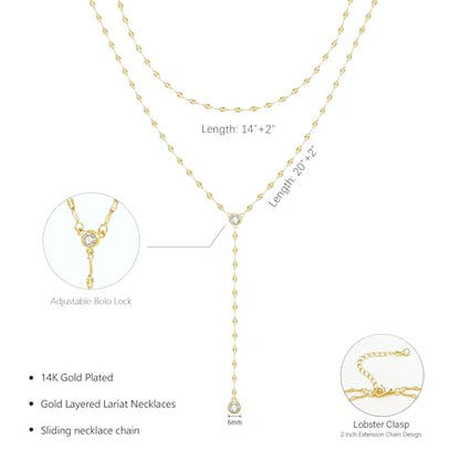 Luxval Lariat Gold Necklace for Women, Dainty Long Necklace 14k Gold Plated/Silver Y-Shaped Pendant Necklaces Trendy Beaded Chain Drop Necklaces Jewelry for Women Gifts - color: Gold-wave cz