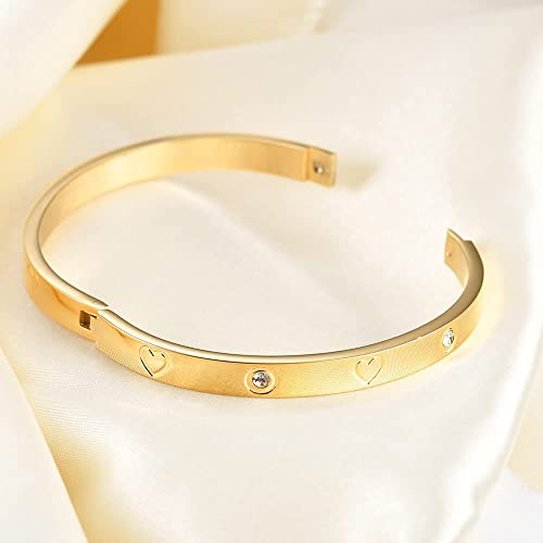 VQYSKO Love Friendship Bracelet Bangle Gold Rose Gold Silver with Cubic Zirconia Stones Stainless Steel Hinged Jewelry with Crystal Oval Bracelet Birthday Present for Her Women Teen Girls - style: 7 Inch-Heart-Golden