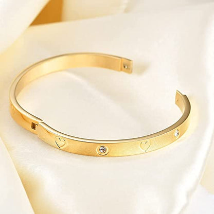VQYSKO Love Friendship Bracelet Bangle Gold Rose Gold Silver with Cubic Zirconia Stones Stainless Steel Hinged Jewelry with Crystal Oval Bracelet Birthday Present for Her Women Teen Girls - style: 7 Inch-Heart-Golden