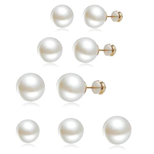 Big Pearl Stud Earrings:Hypoallergenic 14k Gold Plated Sterling Silver Post Stud Earrings Large Size Simulated Round Pearl Earrings Set for Women 8mm/10mm/12mm - High Luster Tarnish Resistant Wedding Daily Jewelry 3 Pairs