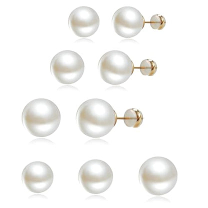 Big Pearl Stud Earrings:Hypoallergenic 14k Gold Plated Sterling Silver Post Stud Earrings Large Size Simulated Round Pearl Earrings Set for Women 8mm/10mm/12mm - High Luster Tarnish Resistant Wedding Daily Jewelry 3 Pairs