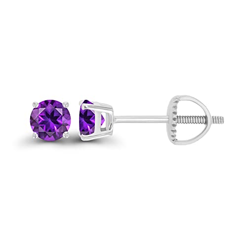 14K Gold Plated 925 Sterling Silver Hypoallergenic 4mm Round Genuine Birthstone Solitaire Screwback Stud Earrings - color: Amethyst