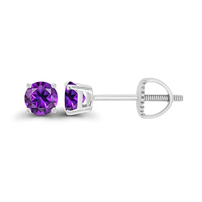 14K Gold Plated 925 Sterling Silver Hypoallergenic 4mm Round Genuine Birthstone Solitaire Screwback Stud Earrings - color: Amethyst