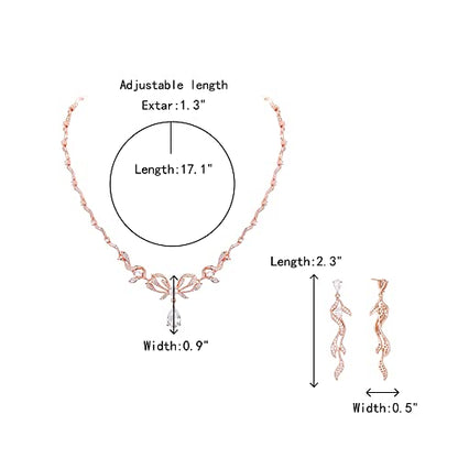 Crysdue Women's Wedding Bridal Jewelry Set for Brides Bridesmaids Cubic Zirconia Flower Leaf Vine Necklace Dangle Earrings for Prom Party - style: 12-rose gold