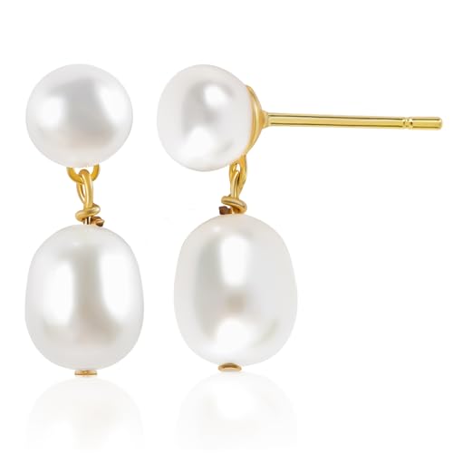 Petite Pearl Drop Earrings for Women - Real Freshwater Cultured Pearls Collection, S925 Sterling Silver Hypoallergenic Posts, 18K Gold Plated Dainty Jewelry - color: White