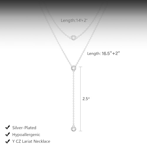 HERIER Lariat Gold Necklace for Women, Dainty Long Necklace 14k Gold Plated/Silver Y-Shaped Layered Beaded Chain Drop Necklaces for Women Trendy Simple Gold Jewelry for Women Gifts - color: Layered CZ Necklace-Silver