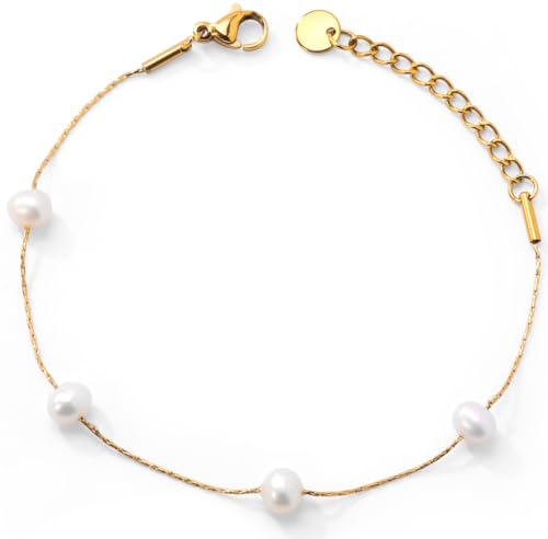 6-7 Inches Pearl Bracelet VeroSteel Dainty Beaded Bracelet for Women, Stainless Steel Gold Plated Hand Chain Bracelet, Cute Bead Bracelets Made with Fresh Water Pearls, Trendy Link Bracelets for women